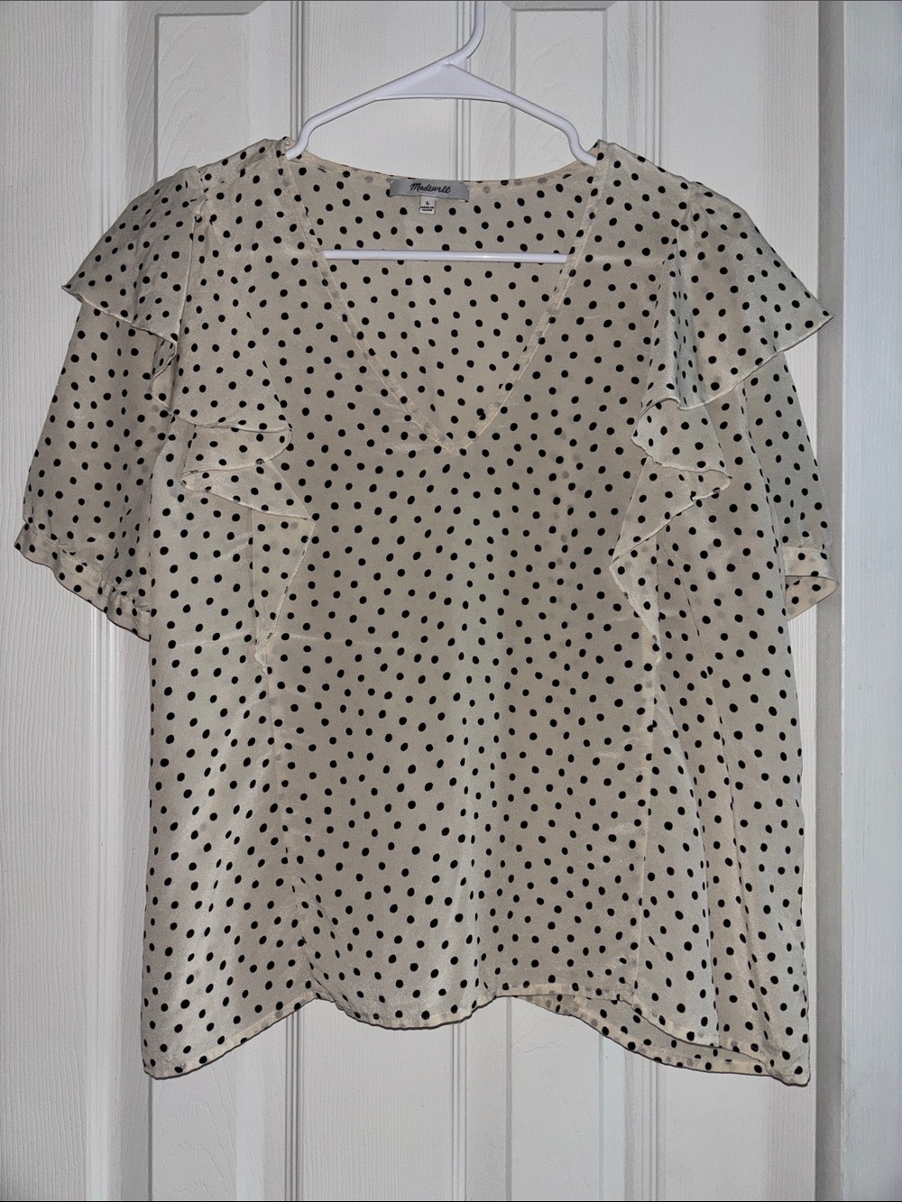 Madewell Silk V-Neck Shoulder-Ruffle Top in Inkbrush Dots | Size Large